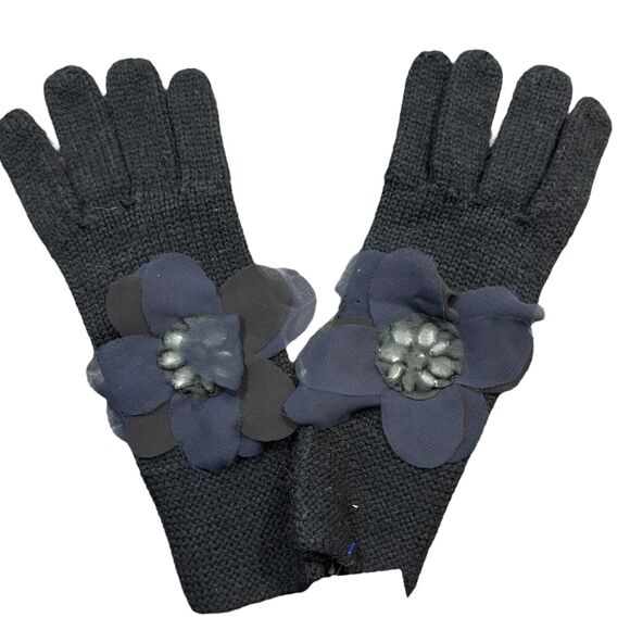 Womens Chunky Winter Warm Wool Knitted Gloves with Chiffon Flower Detail - Black - Picture 1 of 5